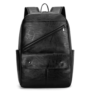 Vintage black PU leather business backpack with front zipper pockets and silver buckle accents