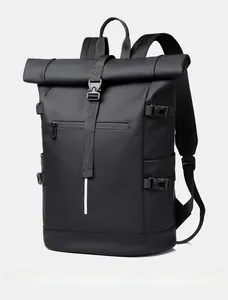 Detailed micro side view of large capacity waterproof roll-top backpack with matte finish