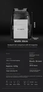 Detailed size chart of black PU leather backpack showing 15.6 inch laptop storage capacity