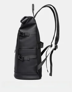 Side view of waterproof roll-top backpack with compression straps and breathable mesh back