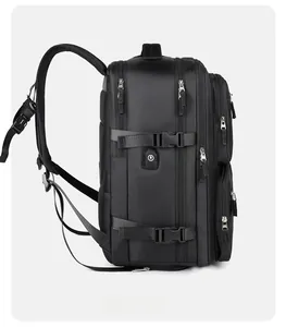 Business laptop backpack detail featuring side USB charging port and adjustable straps
