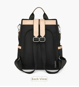 Back view of black PU leather backpack with beige trim and hidden anti-theft back pocket
