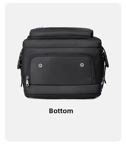 Detail view of the durable nylon backpack bottom with mesh fabric and plastic buckles
