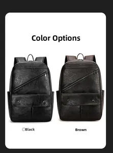 Front view of black and brown vintage PU leather backpacks with zipper and buckle details