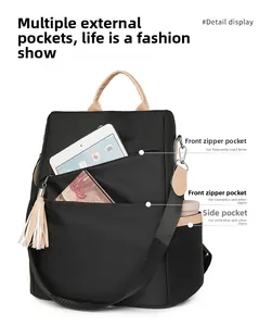 Detail of waterproof nylon backpack with dual front zippers and side pockets for storage