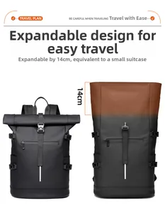 Detail of expandable roll-top backpack showing the 14cm height increase feature in black
