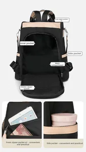 Detail view of large capacity nylon backpack with multiple interior compartments and side pockets