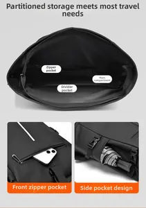 Detail view of large capacity interior compartments and waterproof exterior pockets