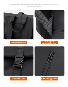 Detail view of black roll-top backpack featuring reinforced straps and durable hardware
