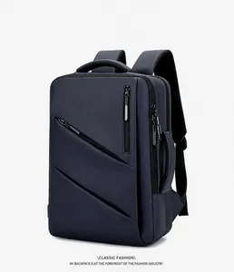 Dettaglio dello zaino business blu scuro con maniglia laterale e design oxford pulito
