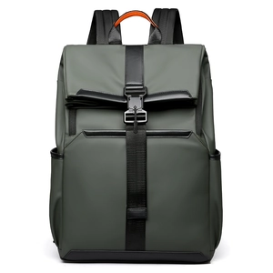 Large business laptop backpack in dark gray-green waterproof fabric with orange handle