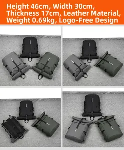 Detailed views of waterproof roll-top backpack with 46x30x17cm dimensions and reflective strips