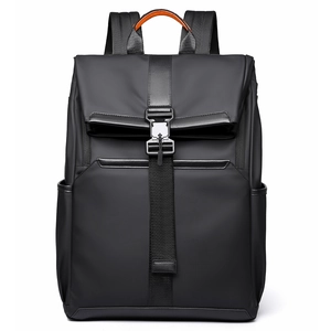 Business black waterproof laptop backpack with matte texture and orange interior handle accents