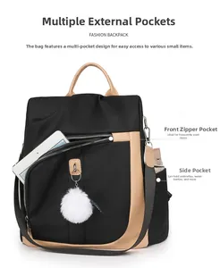 Dettaglio dello zaino in nylon nero e kaki con scomparto per tablet e tasche laterali