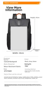 Detail view of black commuter backpack dimensions 45x14x30cm weighing 790g with storage info