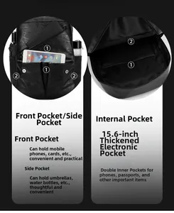 Detail view of the black leather backpack featuring a 15.6 inch padded laptop compartment