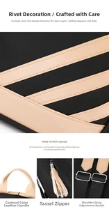 Detail of color-block PU leather handle, tassel zipper, and adjustable bag straps