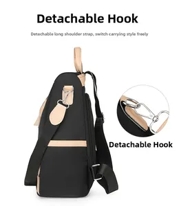 Detail of detachable metal hook and multi-way strap on two-tone PU leather backpack