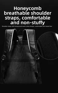 Detail of breathable honeycomb mesh shoulder straps on a black PU leather backpack