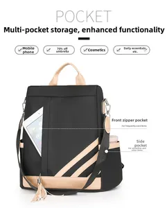 Detail view of contrast color PU backpack showing internal tablet pocket and zipper