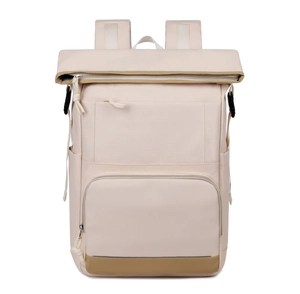 Detail of roll-top insulated backpack in beige canvas with khaki trim and zip pocket