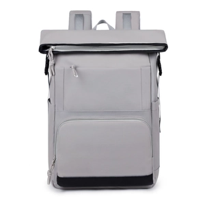 Front view of a grey leakproof insulated picnic backpack with roll-top closure design