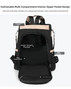 Detail view of the black PU leather backpack showing organized interior pockets and main bag