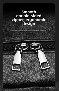 Detail of premium black PU leather backpack featuring high-quality dual silver metal zippers