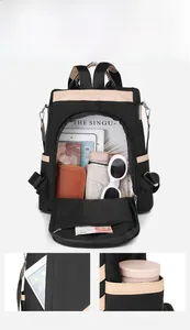 Detail view of the multi-pocket interior capacity and nylon compartments of the backpack