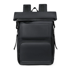 Front view of large insulated picnic backpack with roll-top closure and multiple zipper pockets