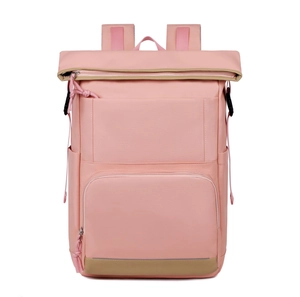 Detail view of pink and brown leakproof insulated backpack with multiple storage pockets