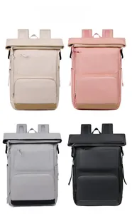 Roll-top insulated backpacks in cream, pink, grey, and black colors with waterproof fabric