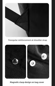 Detail view of the reinforced shoulder strap and magnetic snap buckle on the black PU backpack