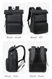 Detailed views of the black insulated backpack showing front, side, and ergonomic back panels