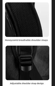 Detail of breathable honeycomb mesh shoulder straps and adjustable buckle on black PU backpack