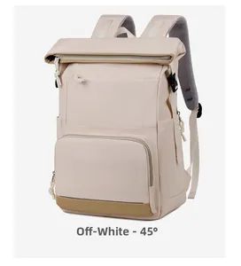Detail view of off-white insulated picnic backpack with durable mesh straps at 45-degree angle