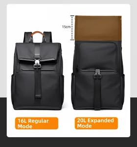 Detail showing dual capacity of black laptop backpack expanding from 16L to 20L volume