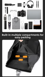 Detail view showing large capacity business backpack with organized internal compartments