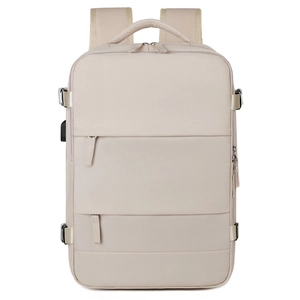 Beige high-capacity nylon backpack with multiple compartments and ergonomic straps