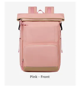 Front view of pink insulated picnic backpack with khaki bottom and zipper pockets