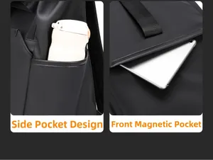 Detail of waterproof business backpack showing side bottle pocket and magnetic front pocket