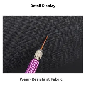 Macro shot showing scratch-resistant fabric of the large thermal backpack with metal tool test