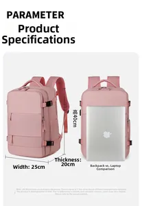 Pink travel backpack dimensions 40x25x20cm with large capacity and laptop storage
