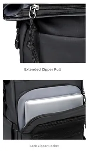 Detail of insulated backpack featuring extended zipper pulls and secure back laptop pocket