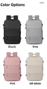 Business travel backpack shown in four colors: black, grey, pink, and beige options