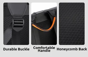 Detail view of durable adjustment buckle, orange-trimmed handle, and breathable mesh back