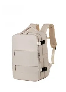 Detailed side view of off-white travel backpack with adjustable buckles and zippers