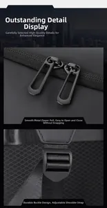 Detail of smooth metal dual zippers and adjustable strap buckle on a black travel backpack