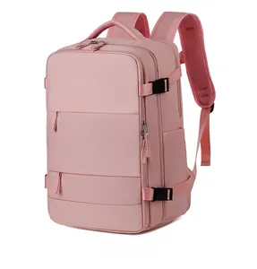 Pink travel backpack detail featuring breathable mesh straps and side buckle closure