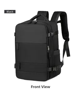 Front view of black nylon business backpack with shoe compartment and breathable straps